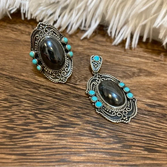 Set Turquoise and Hematine Statement Ring and Pendant Sterling Silver - Picture 8 of 15